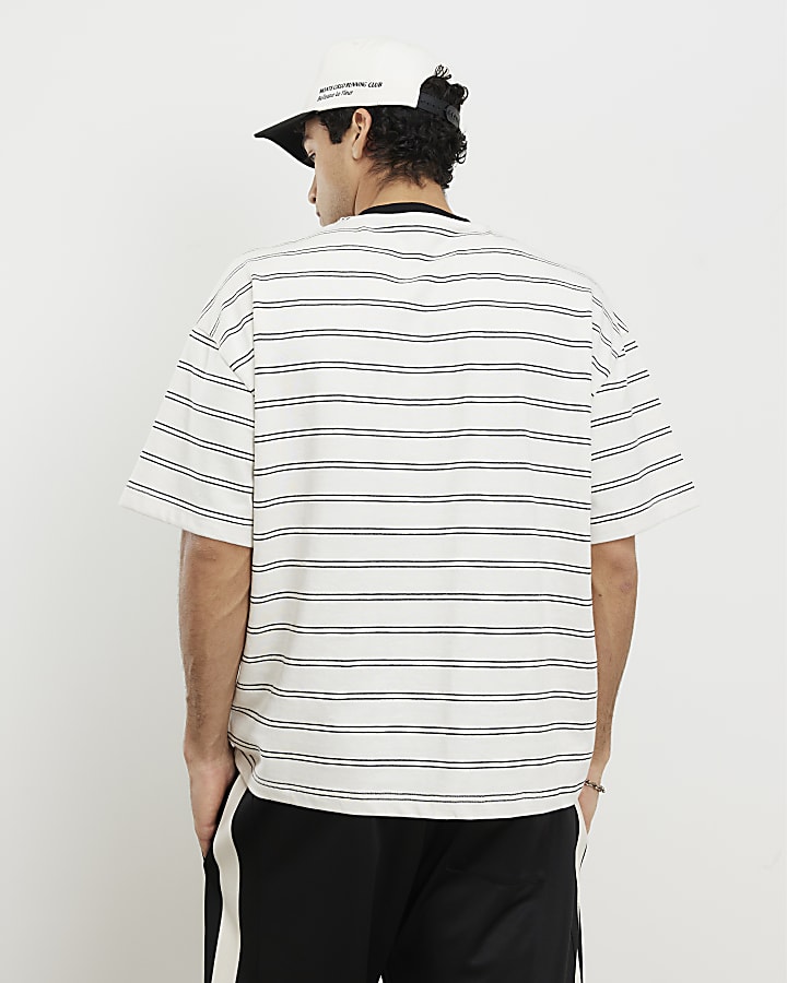 Beige Oversized Fit Stripe Pocket T-shirt