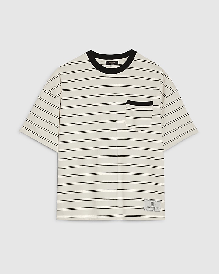 Beige Oversized Fit Stripe Pocket T-shirt