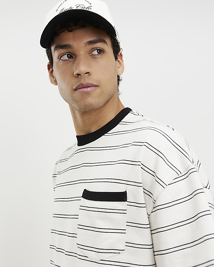 Beige Oversized Fit Stripe Pocket T-shirt