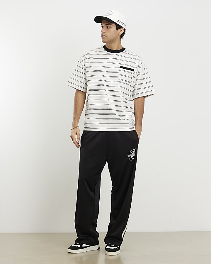 Beige Oversized Fit Stripe Pocket T-shirt