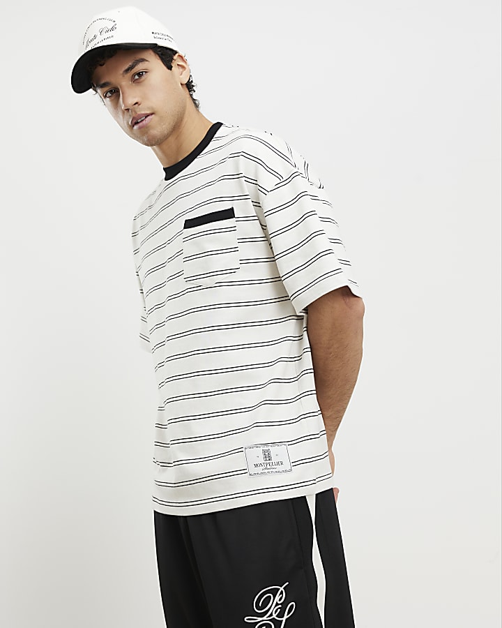 Beige Oversized Fit Stripe Pocket T-shirt