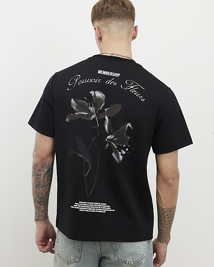 Black Regular FIt Membership Floral T-Shirt