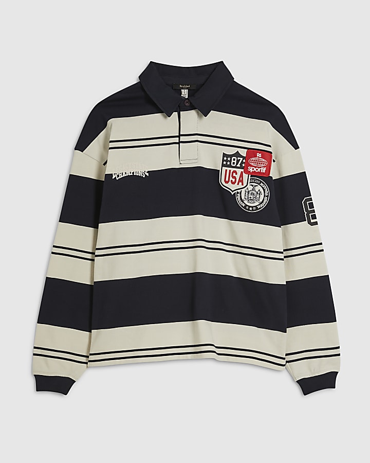 Navy Oversized Fit Stripe Polo Shirt