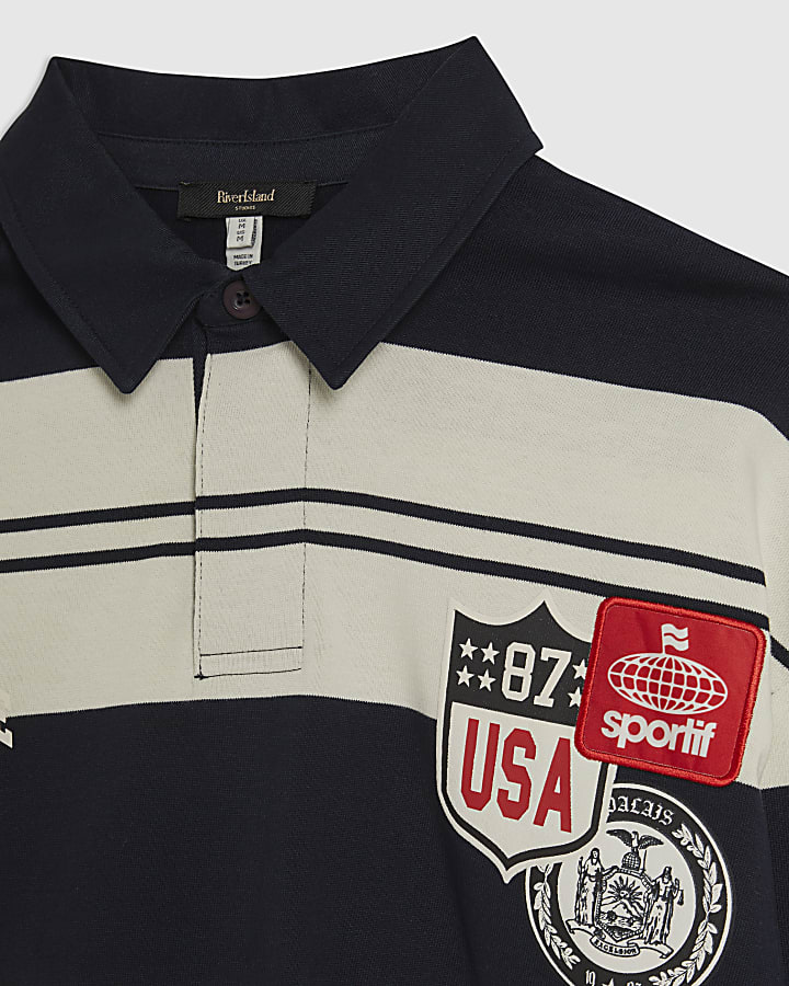 Navy Oversized Fit Stripe Polo Shirt