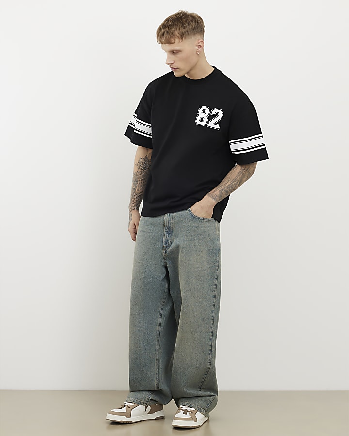 Black Oversized Fit 72 Stripe T-Shirt