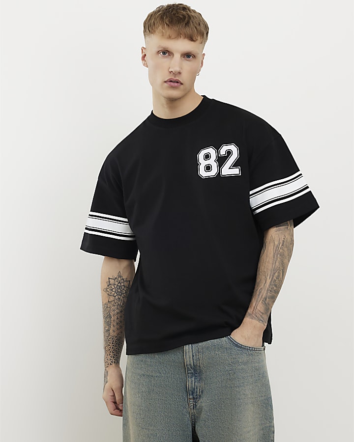 Black Oversized Fit 72 Stripe T-Shirt