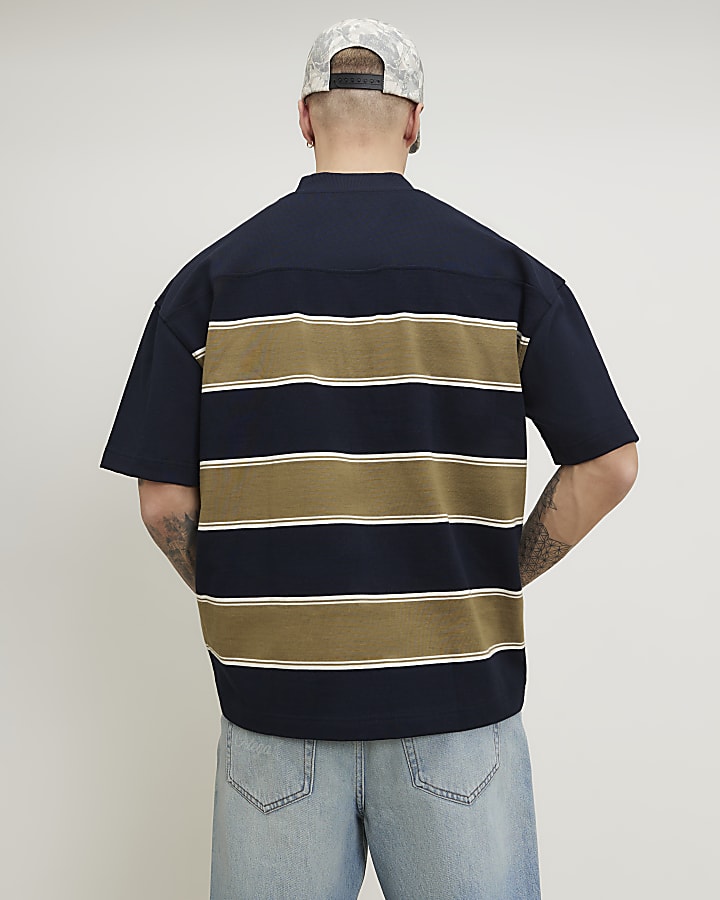 Navy Oversized Fit 72 Stripe V Neck T-Shirt