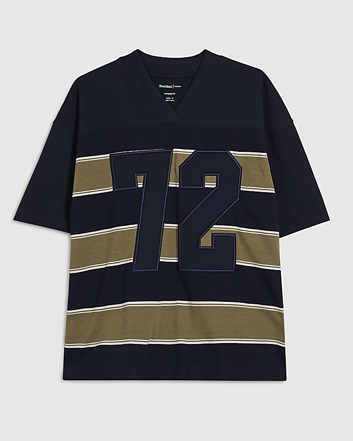 Navy Oversized Fit 72 Stripe V Neck T-Shirt