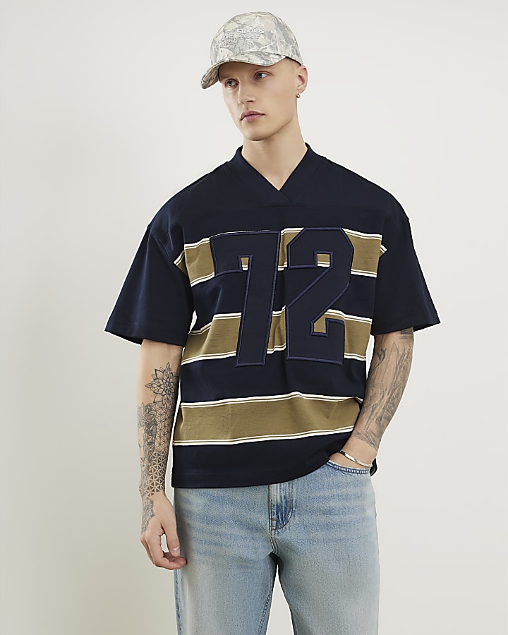 Navy Oversized Fit 72 Stripe V Neck T-Shirt