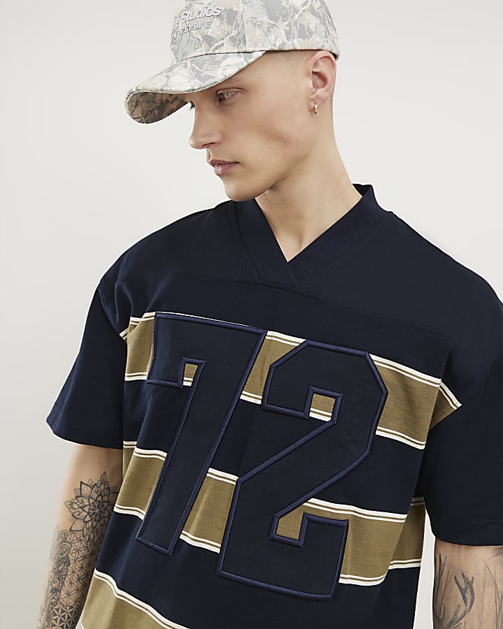 Navy Oversized Fit 72 Stripe V Neck T-Shirt