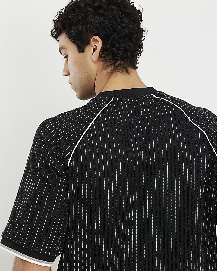 Black Regular Fit Pinstripe Football T-shirt