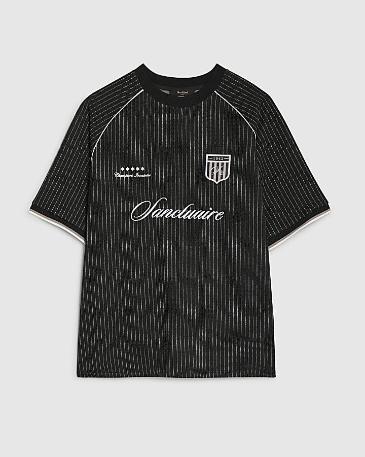 Black Regular Fit Pinstripe Football T-shirt