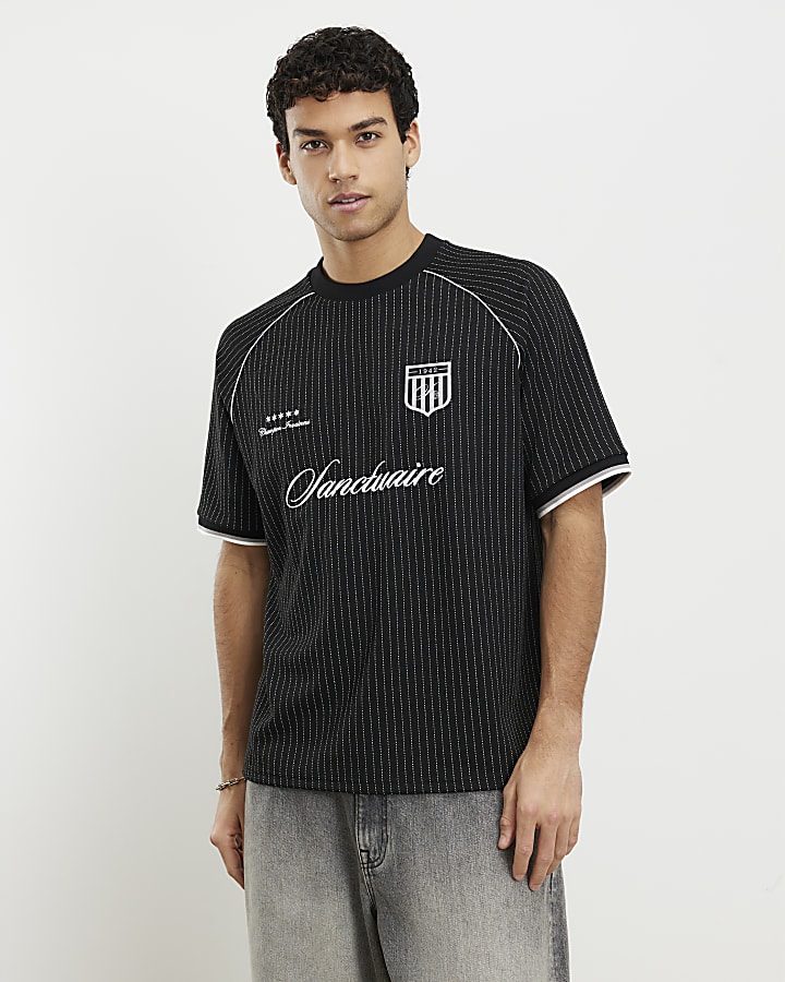 Black Regular Fit Pinstripe Football T-shirt