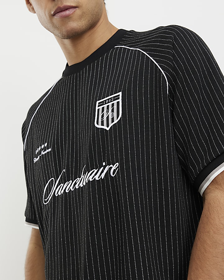 Black Regular Fit Pinstripe Football T-shirt