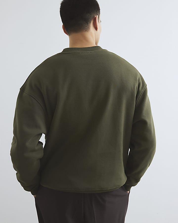 Khaki Oversized Fit Green Flower Sweatshirt