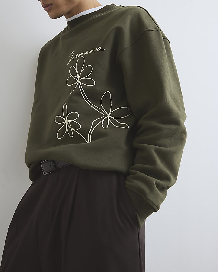 Khaki Oversized Fit Green Flower Sweatshirt