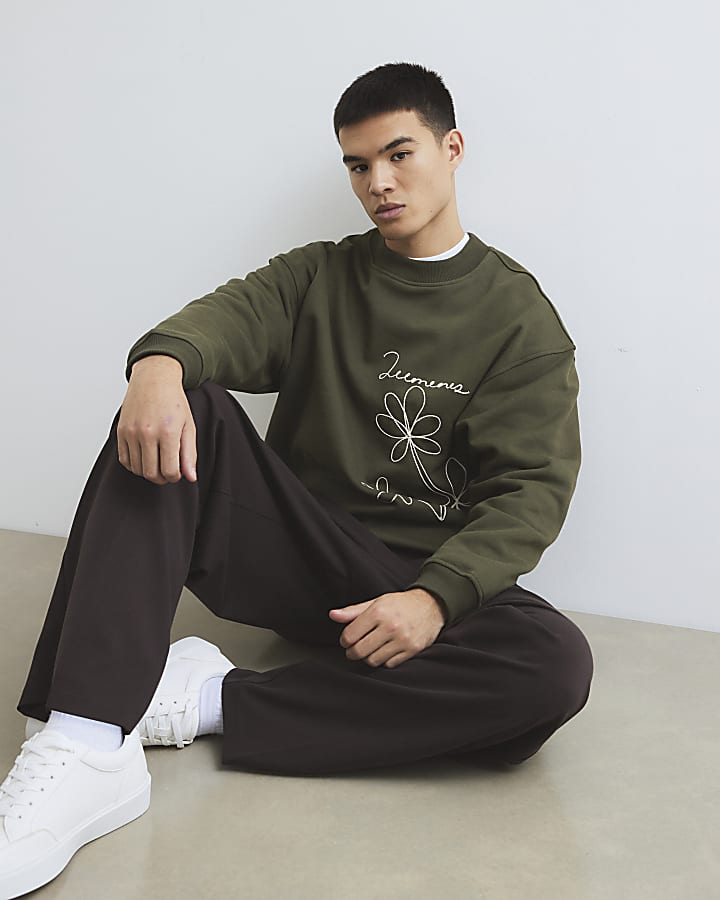 Khaki Oversized Fit Green Flower Sweatshirt