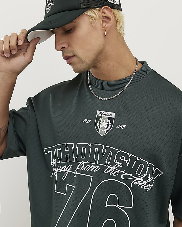 Green Oversized Fit Mesh 7th Division T-Shirt