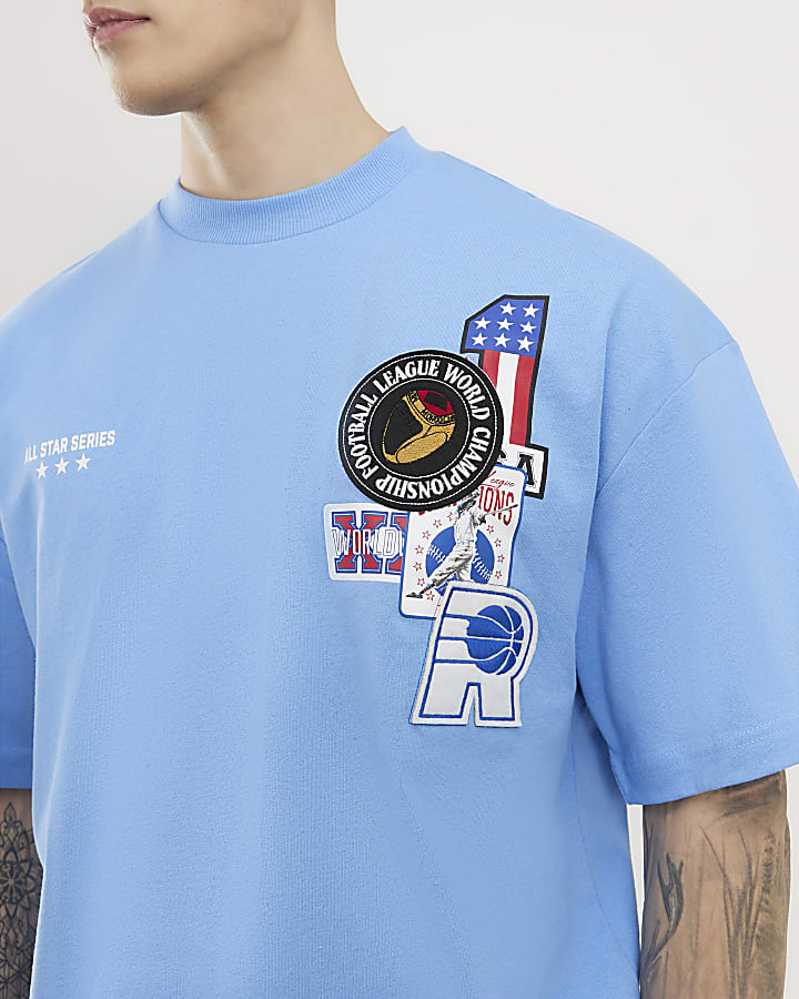 Blue Oversized Fit Multi Badging USA T-Shirt