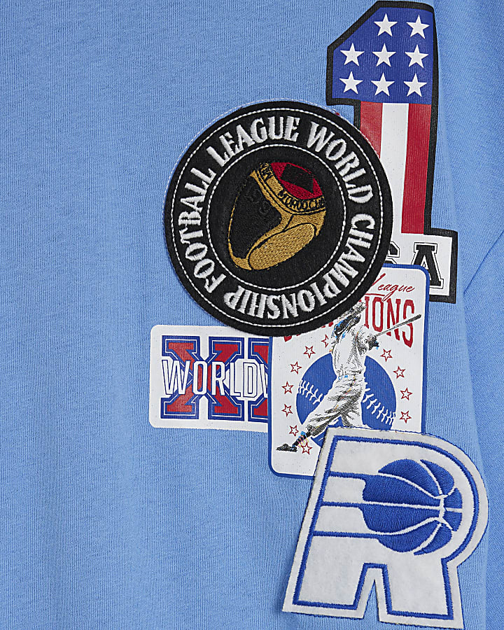 Blue Oversized Fit Multi Badging USA T-Shirt