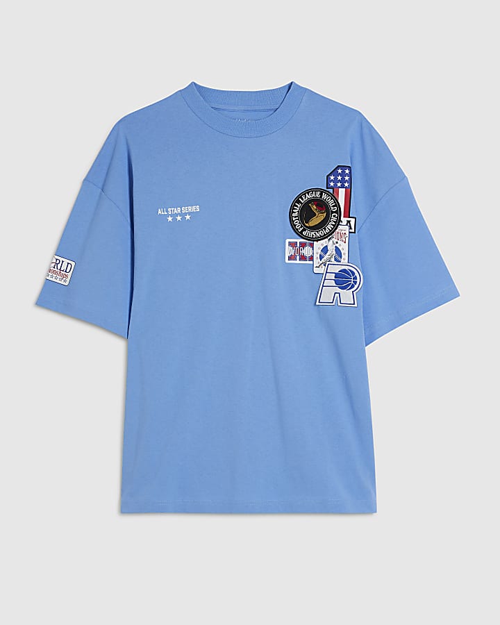 Blue Oversized Fit Multi Badging USA T-Shirt