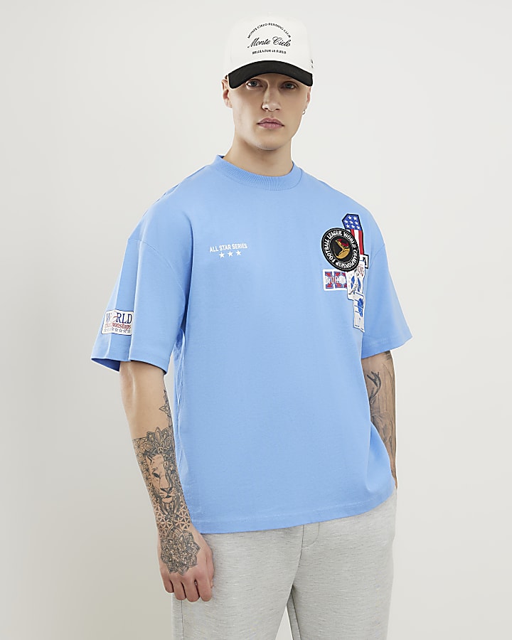 Blue Oversized Fit Multi Badging USA T-Shirt