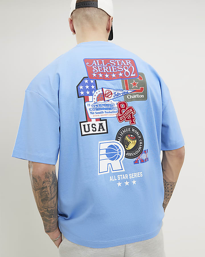 Blue Oversized Fit Multi Badging USA T-Shirt