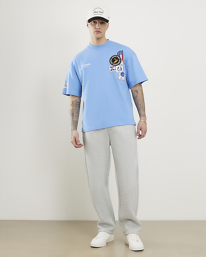 Blue Oversized Fit Multi Badging USA T-Shirt