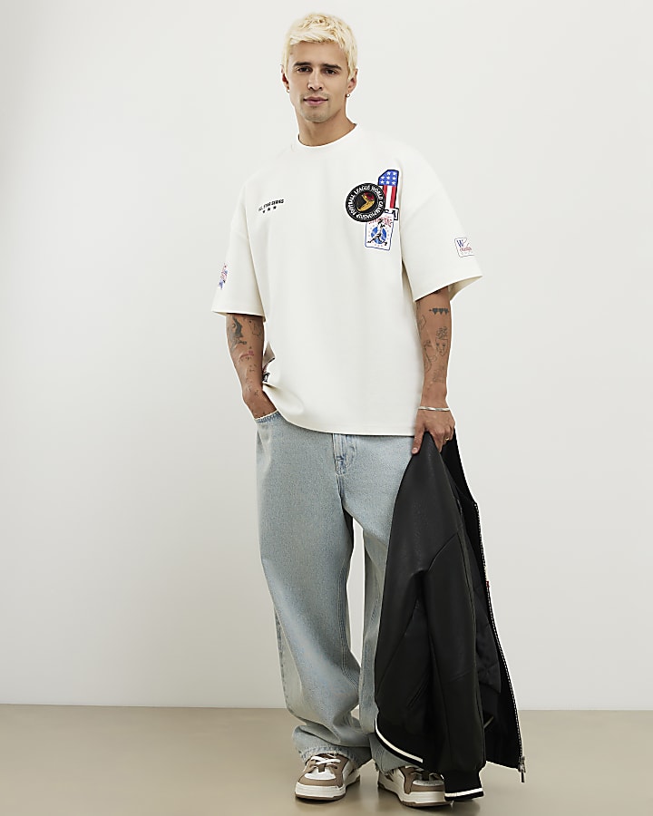 White Oversized Fit Multi Badging USA T-Shirt