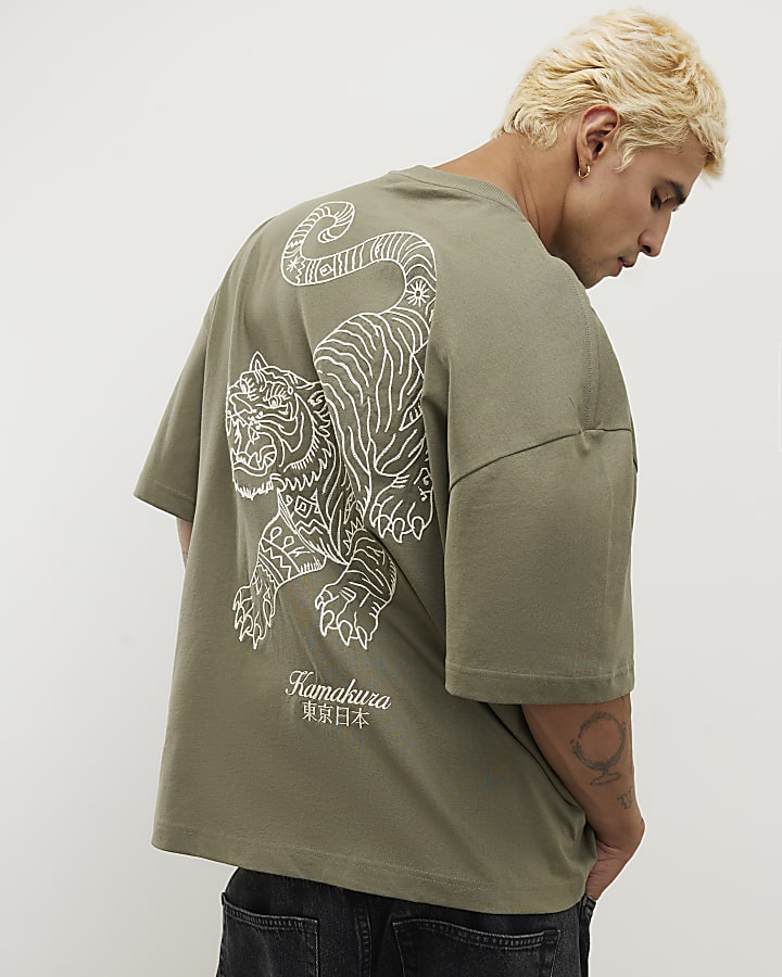 Green Oversized Fit Tiger Roping T-Shirt