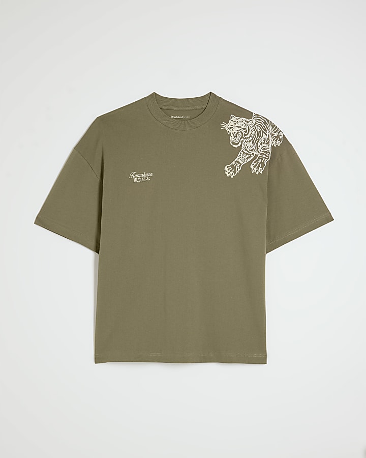 Green Oversized Fit Tiger Roping T-Shirt