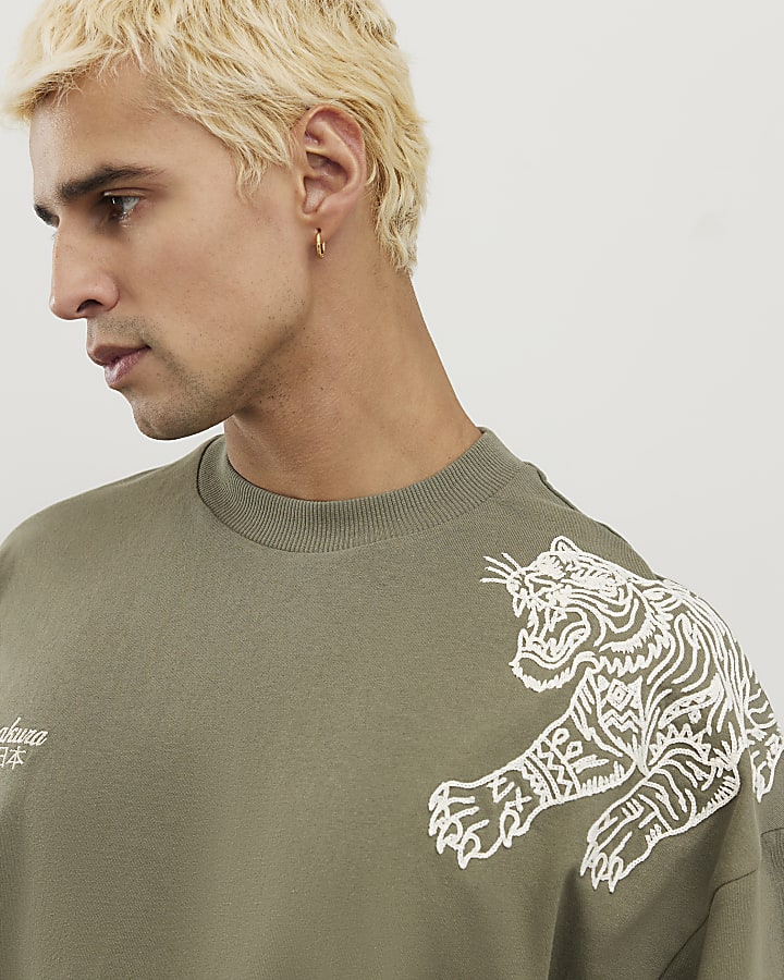 Green Oversized Fit Tiger Roping T-Shirt