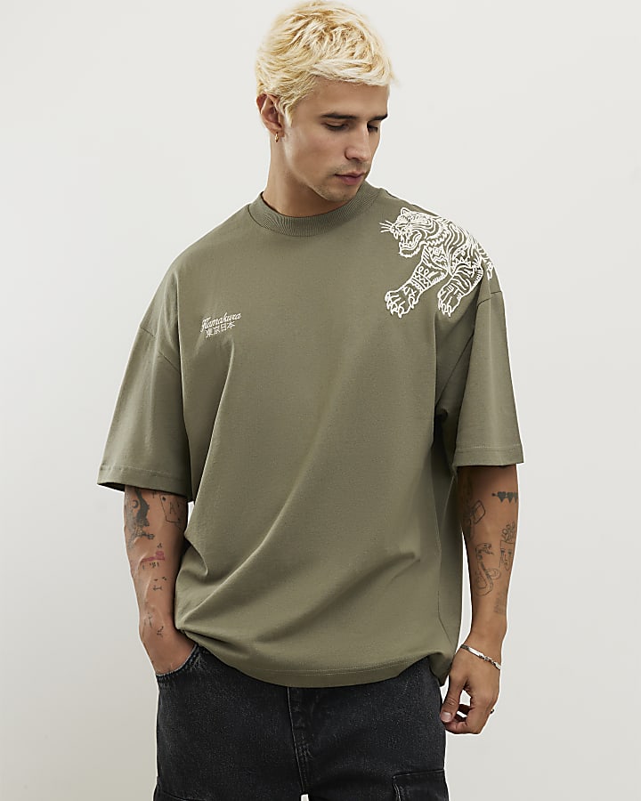Green Oversized Fit Tiger Roping T-Shirt