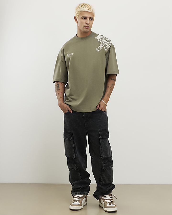 Green Oversized Fit Tiger Roping T-Shirt