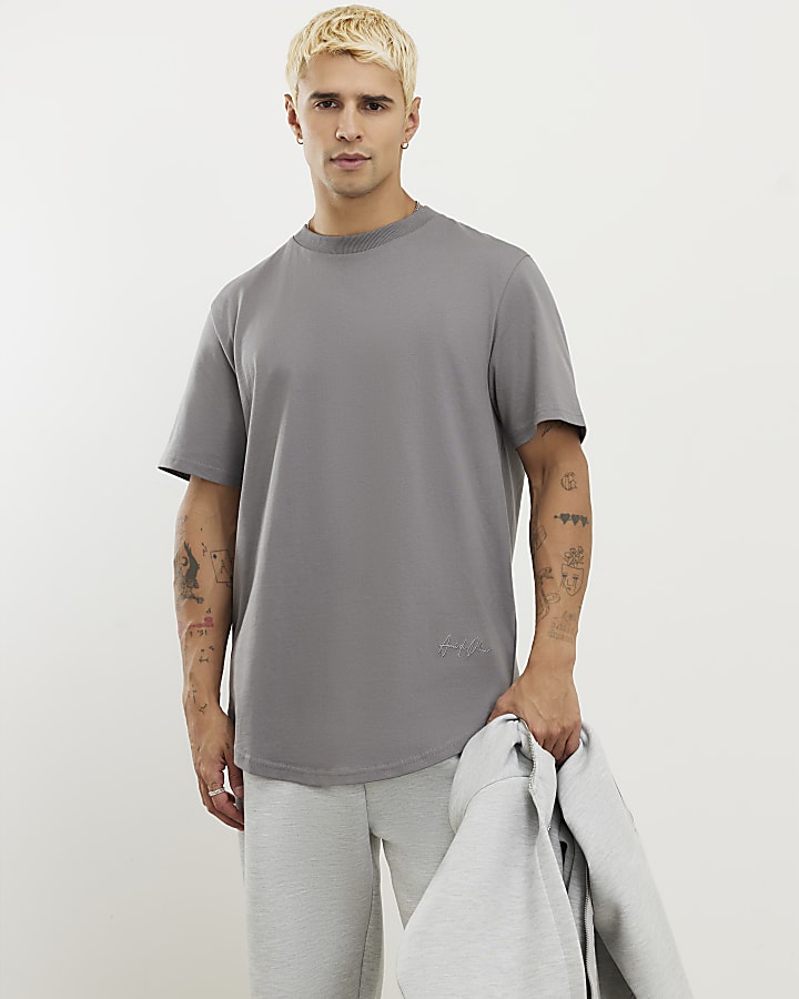 Grey Regular Fit Curve Hem T-Shirt