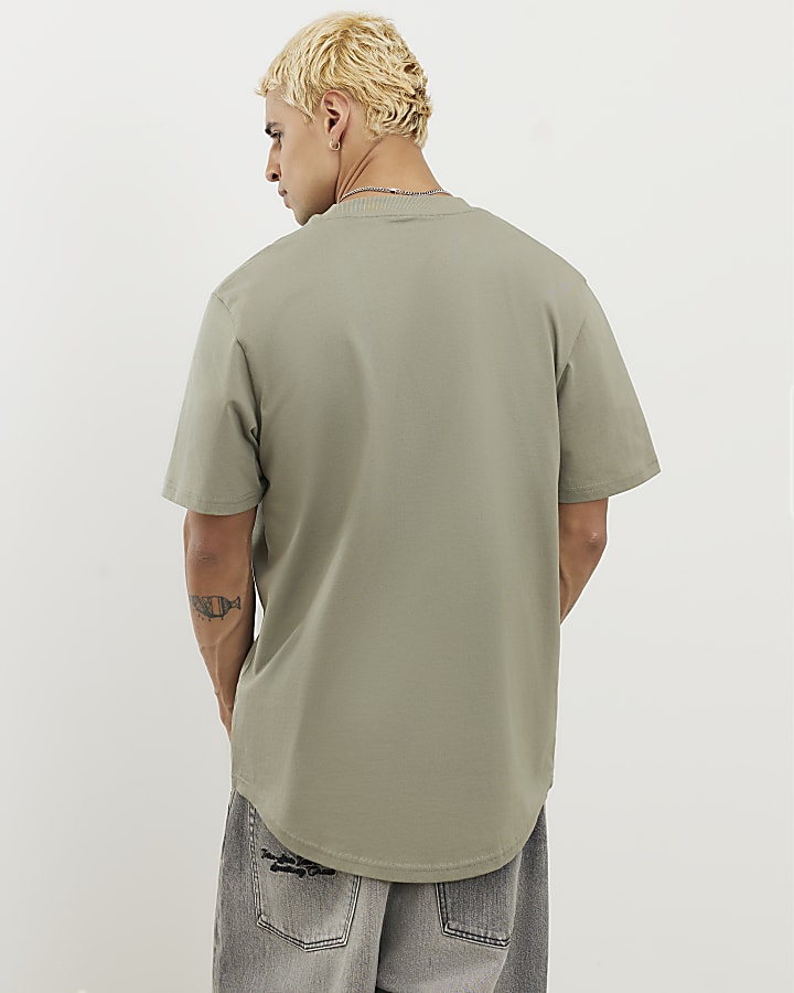 Khaki  Regular Fit Curve Hem T-Shirt