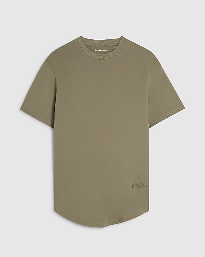 Khaki  Regular Fit Curve Hem T-Shirt