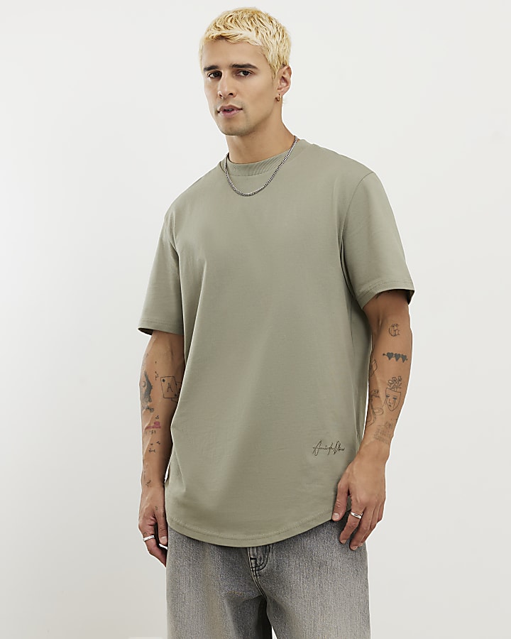 Khaki  Regular Fit Curve Hem T-Shirt