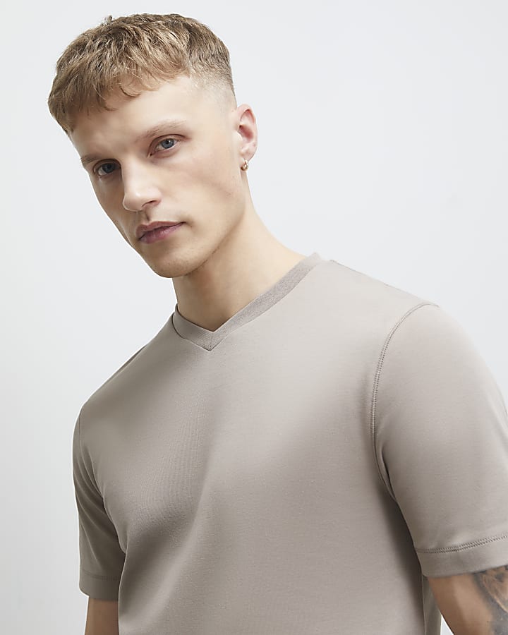 Beige Slim Fit V Neck T-Shirt