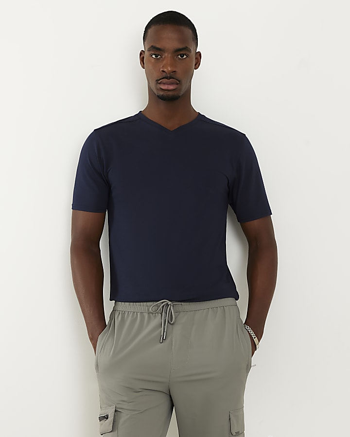 Navy Essential Muscle Fit V Neck T-Shirt