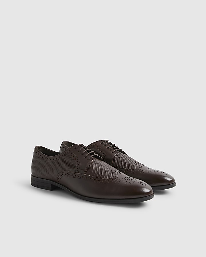 Brown Leather Textured Brogue Shoes