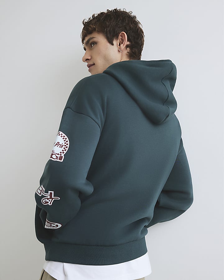 Green Oversized Fit Monde Applique Hoodie
