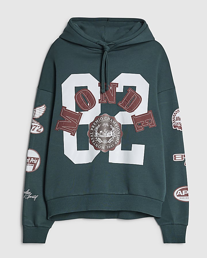 Green Oversized Fit Monde Applique Hoodie