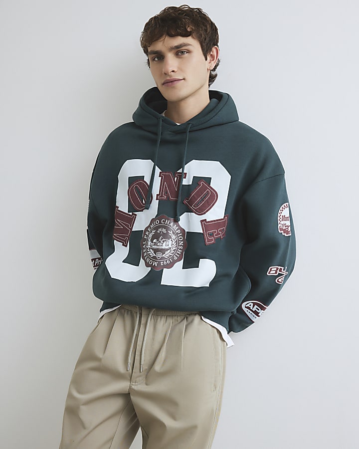 Green Oversized Fit Monde Applique Hoodie