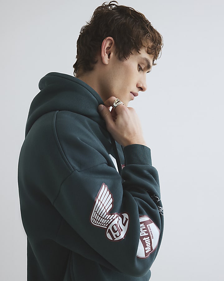 Green Oversized Fit Monde Applique Hoodie
