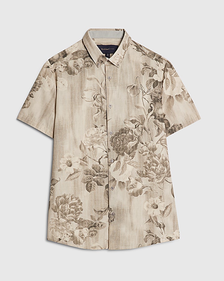 Grey Short Sleeve Slim Crystal Floral Shirt
