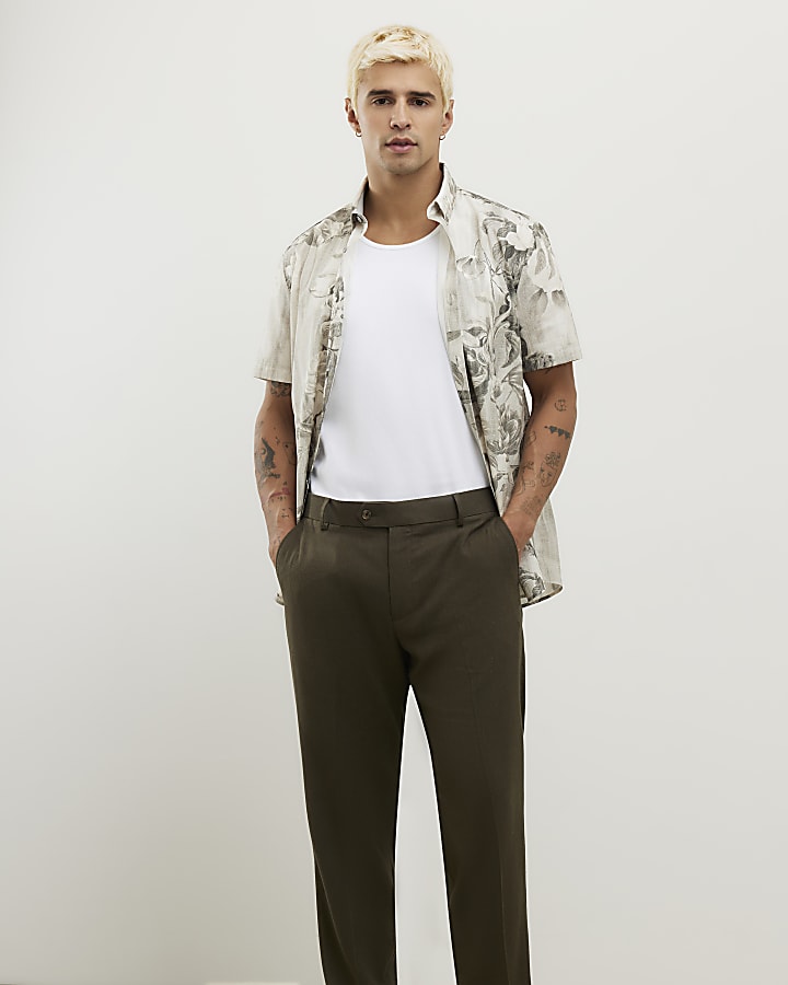 Grey Short Sleeve Slim Crystal Floral Shirt