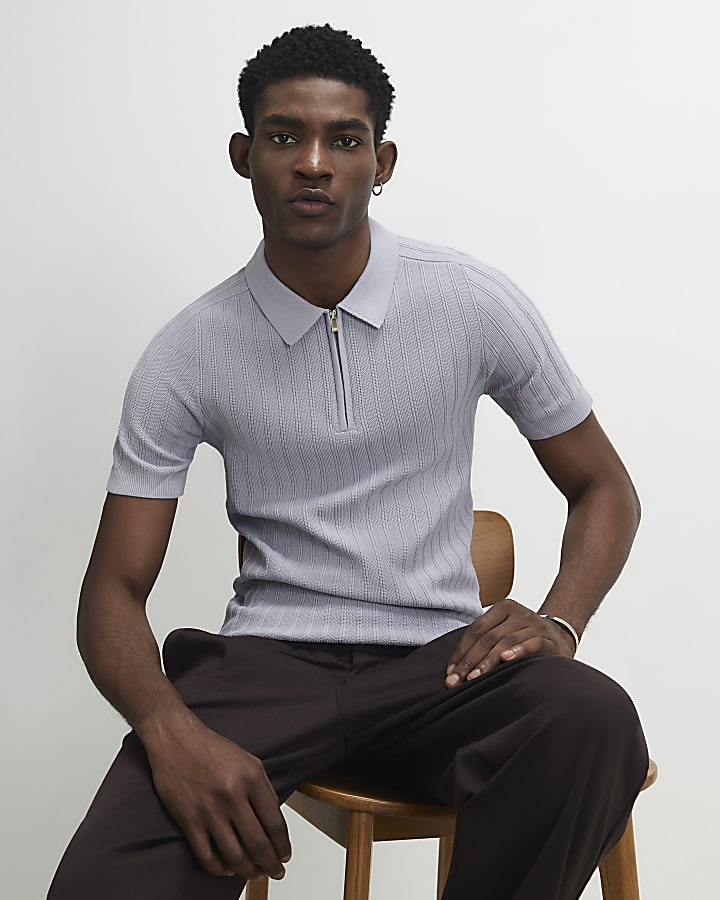 Purple Muscle Fit Ribbed Polo Shirt