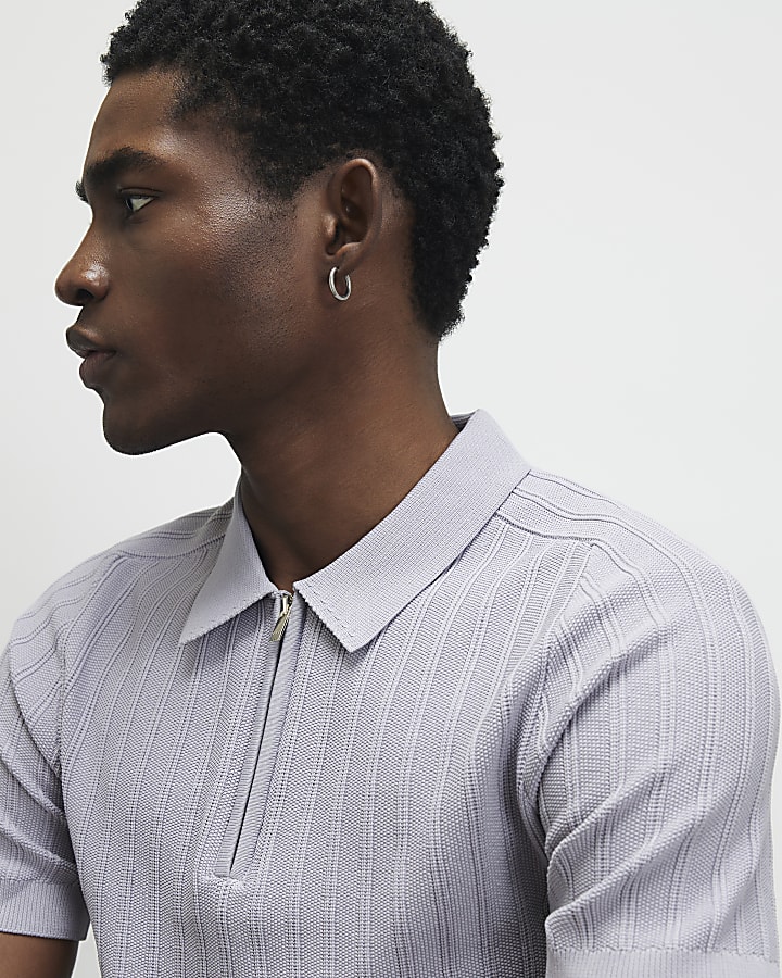 Purple Muscle Fit Ribbed Polo Shirt