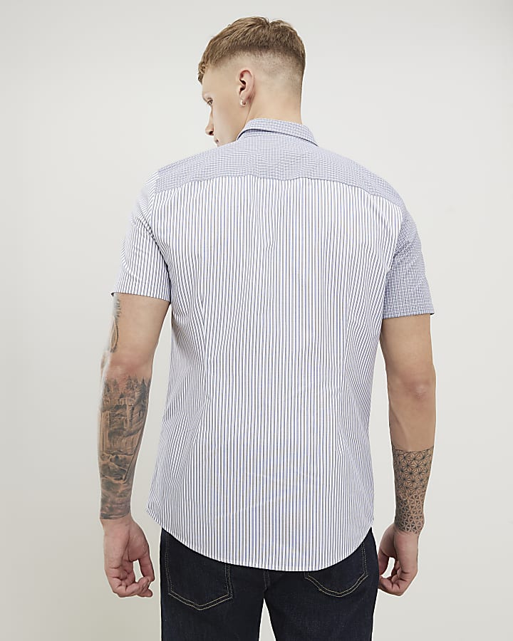 Grey Slim Fit Spliced Stripe Shirt